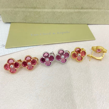 [⭐Sparkve]2026 NEW  CLOVER 1 MOTIFPINK ENAMEL STUD EARRINGS WITH DIAMONDS2