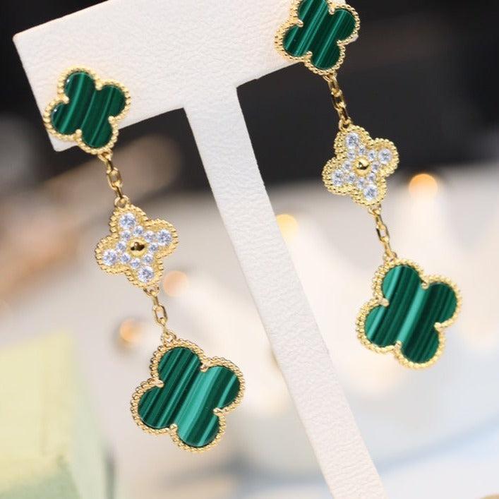 [⭐Sparkve]CLOVER EARRINGS GOLD MALACHITE DIAMOND 3 MOTIF