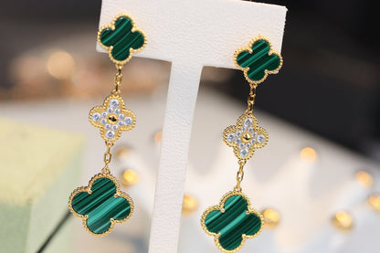 [⭐Sparkve]CLOVER EARRINGS GOLD MALACHITE DIAMOND 3 MOTIF