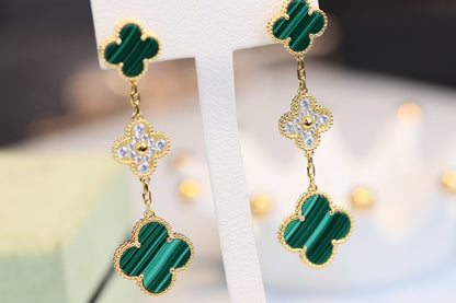 [⭐Sparkve]CLOVER EARRINGS GOLD MALACHITE DIAMOND 3 MOTIF