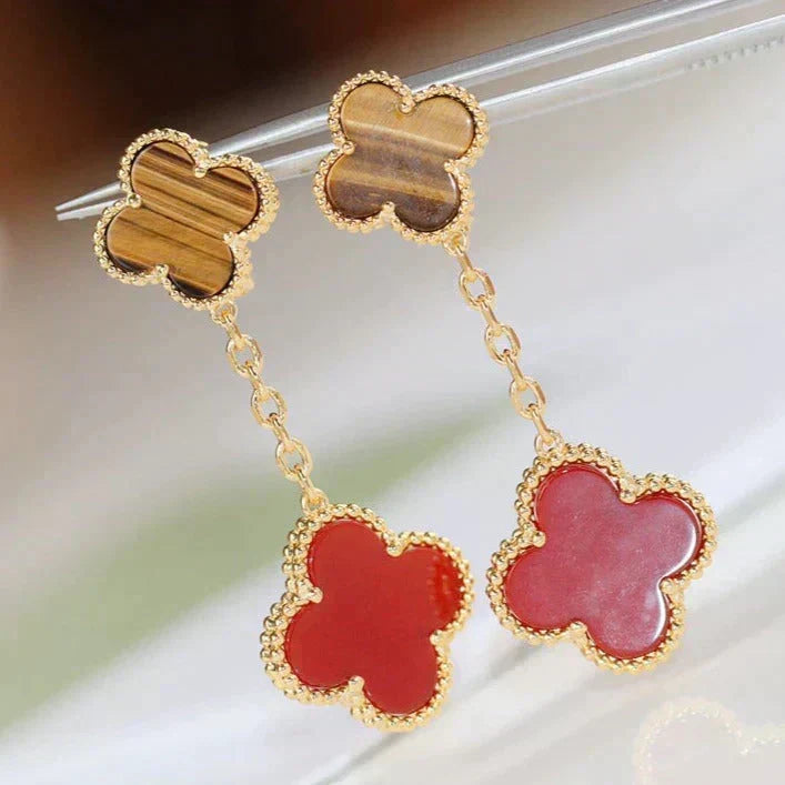 [⭐Sparkve]CLOVER  2 MOTIF  TIGER EYE CARNELIAN EARRINGS