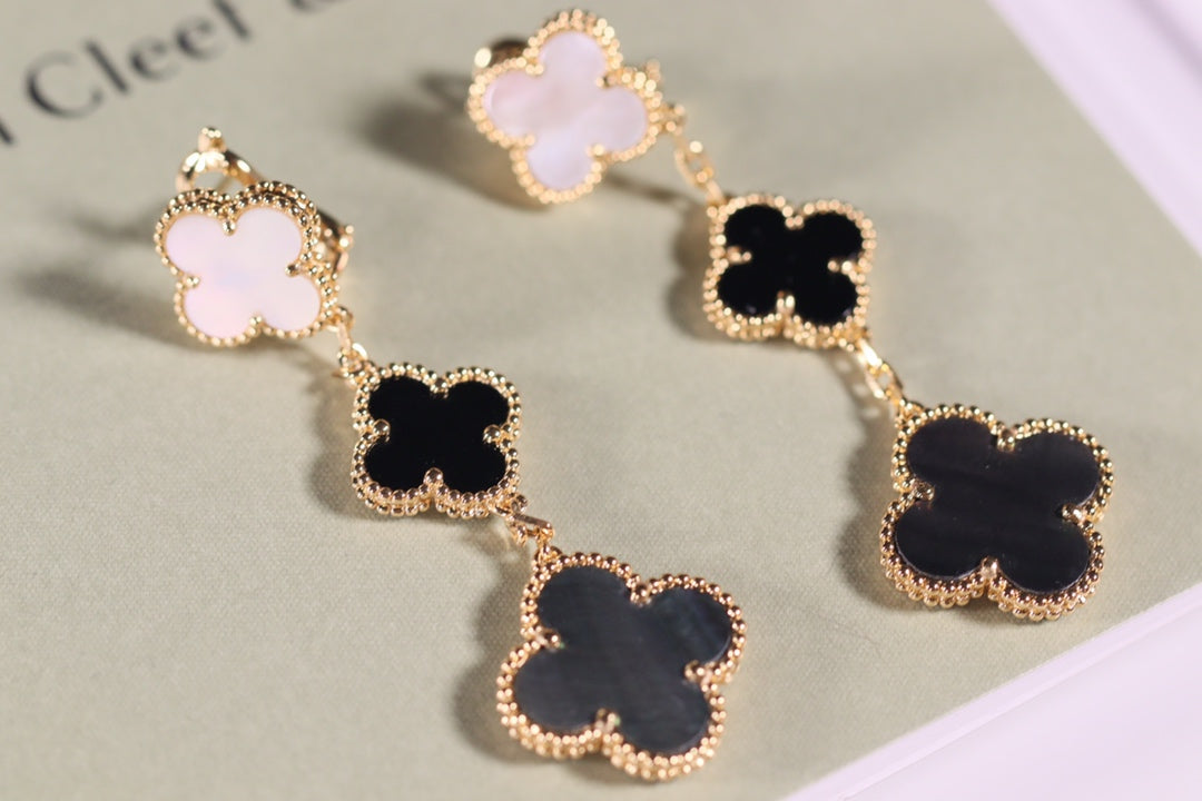 [⭐Sparkve]CLOVER EARRINGS GOLD ONYX MOP 3 MOTIF