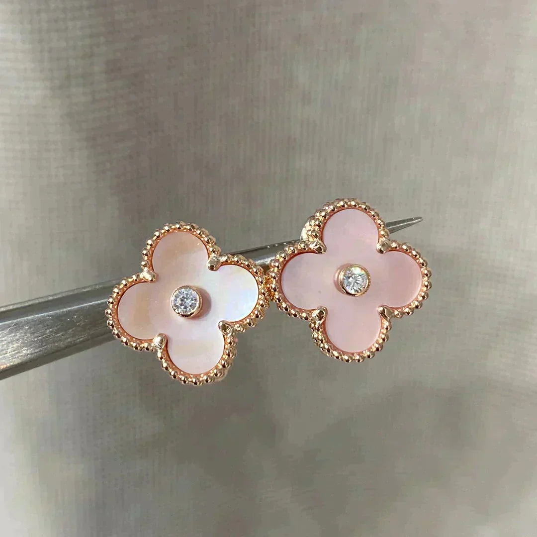 [⭐Sparkve]CLOVER MEDIUM 1 MOTIFS  PINK MOP DIAMOND EARRINGS