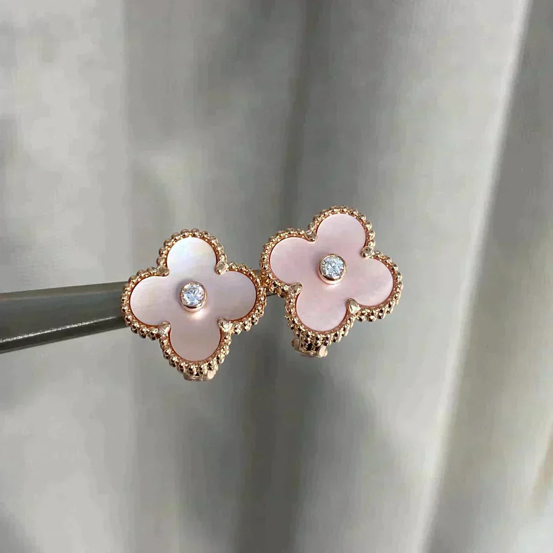 [⭐Sparkve]CLOVER MEDIUM 1 MOTIFS  PINK MOP DIAMOND EARRINGS