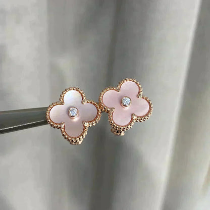 [⭐Sparkve]CLOVER MEDIUM 1 MOTIFS  PINK MOP DIAMOND EARRINGS