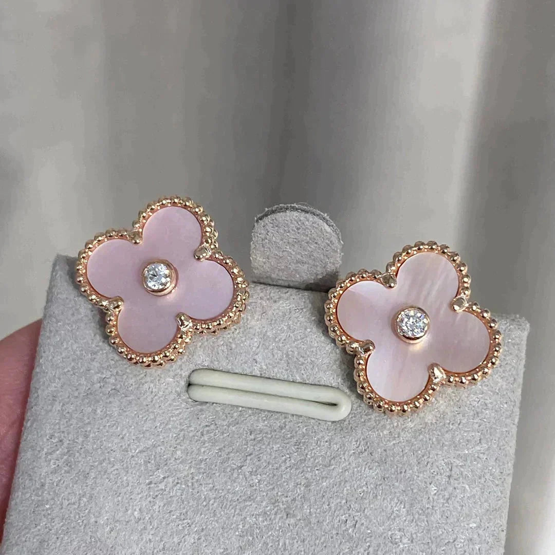 [⭐Sparkve]CLOVER MEDIUM 1 MOTIFS  PINK MOP DIAMOND EARRINGS