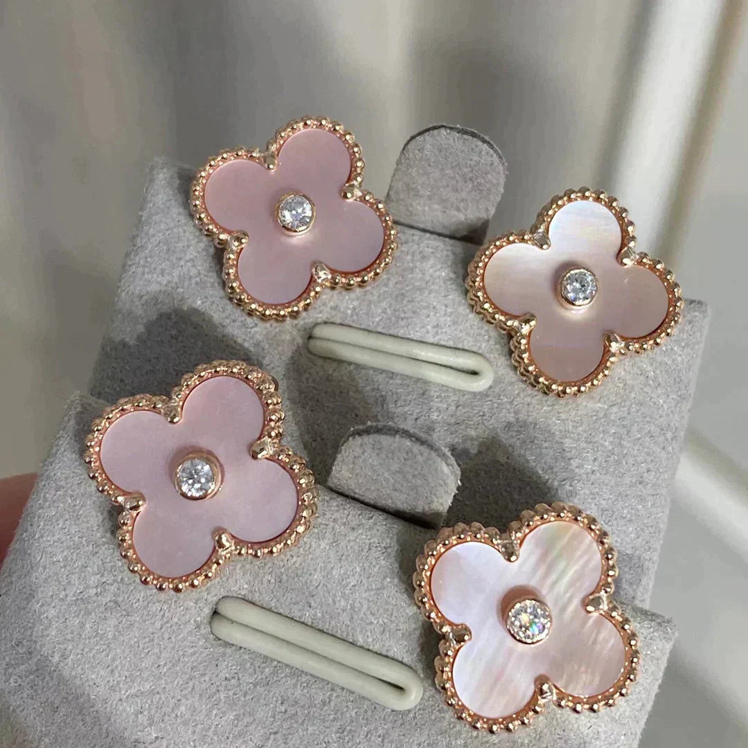 [⭐Sparkve]CLOVER MEDIUM 1 MOTIFS  PINK MOP DIAMOND EARRINGS