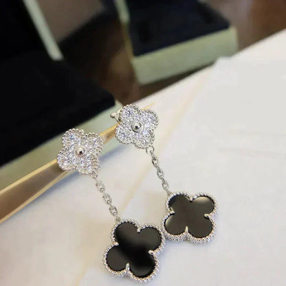 [⭐Sparkve]CLOVER 2 MOTIFS  DIAMOND ONYX EARRINGS SILVER
