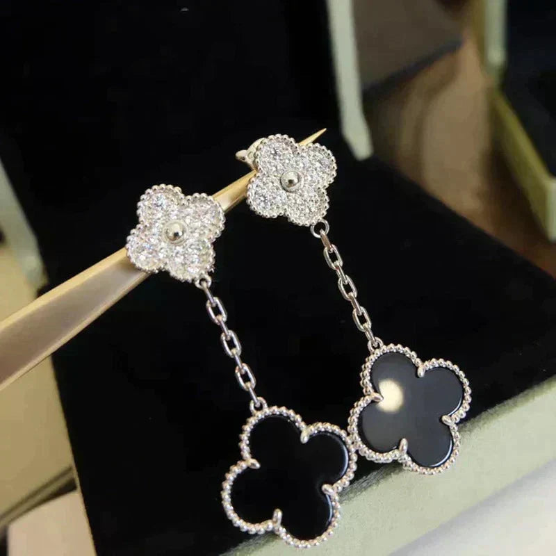 [⭐Sparkve]CLOVER 2 MOTIFS  DIAMOND ONYX EARRINGS SILVER