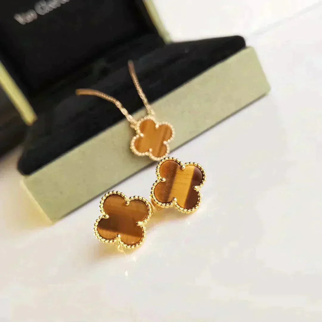 [⭐Sparkve]CLOVER MEDIUM 1 MOTIFS TIGER EYE EARRINGS