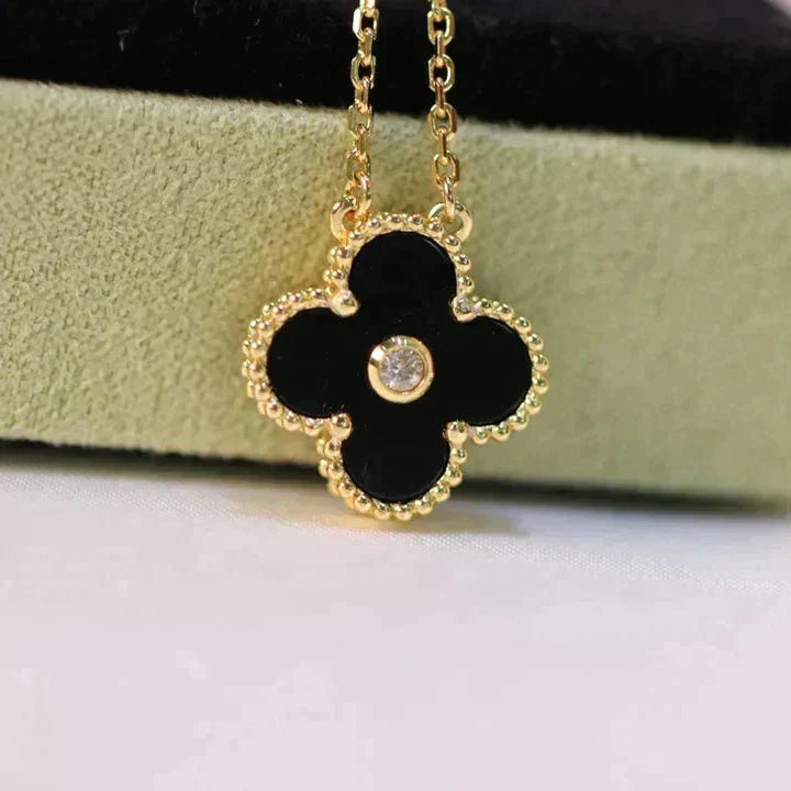 [⭐Sparkve]CLOVER 15MM DIAMOND ONYX NECKLACE