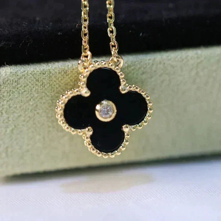 [⭐Sparkve]CLOVER 15MM DIAMOND ONYX NECKLACE