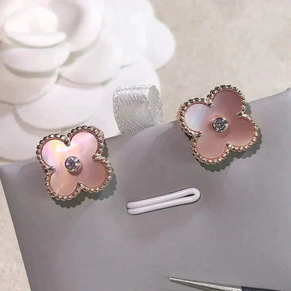[⭐Sparkve]CLOVER MEDIUM 1 MOTIFS  PINK MOP DIAMOND EARRINGS