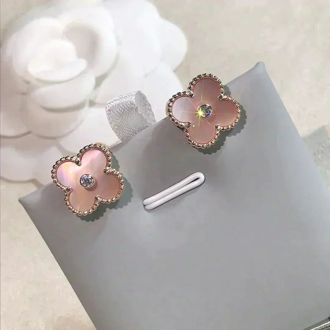 [⭐Sparkve]CLOVER MEDIUM 1 MOTIFS  PINK MOP DIAMOND EARRINGS