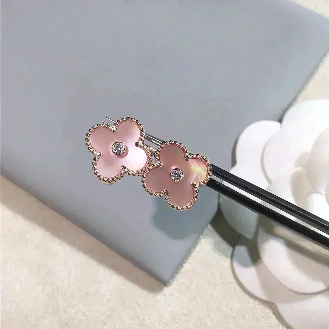 [⭐Sparkve]CLOVER MEDIUM 1 MOTIFS  PINK MOP DIAMOND EARRINGS