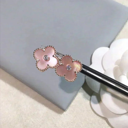 [⭐Sparkve]CLOVER MEDIUM 1 MOTIFS  PINK MOP DIAMOND EARRINGS