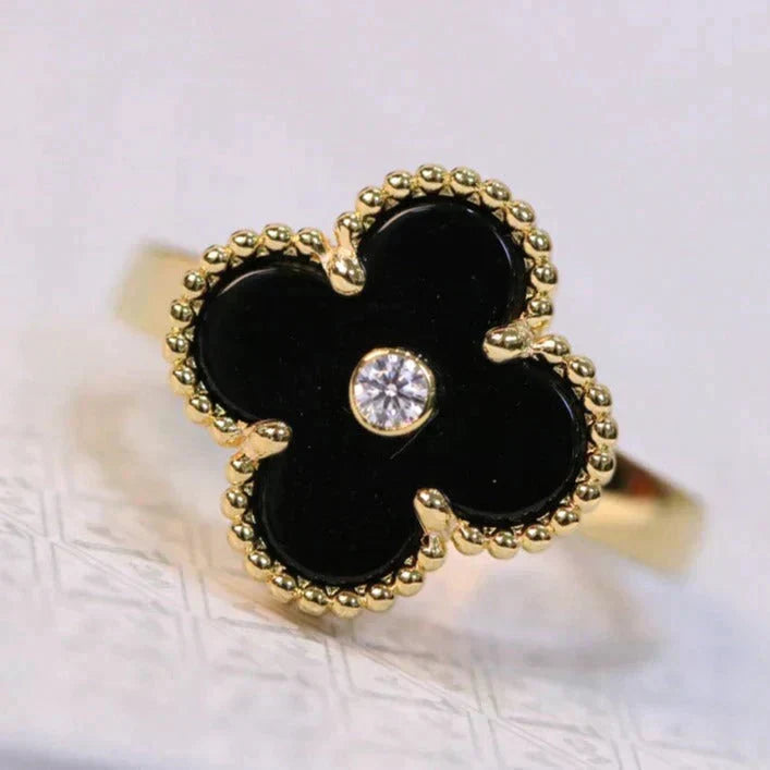 [⭐Sparkve]CLOVER ONYX RING GOLD DIAMOND
