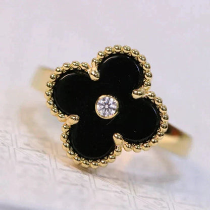 [⭐Sparkve]CLOVER ONYX RING GOLD DIAMOND