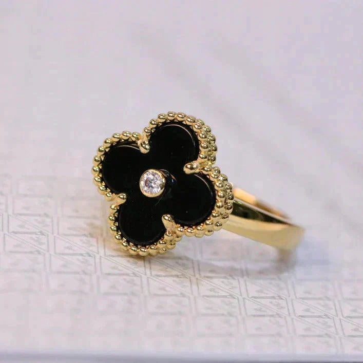 [⭐Sparkve]CLOVER ONYX RING GOLD DIAMOND
