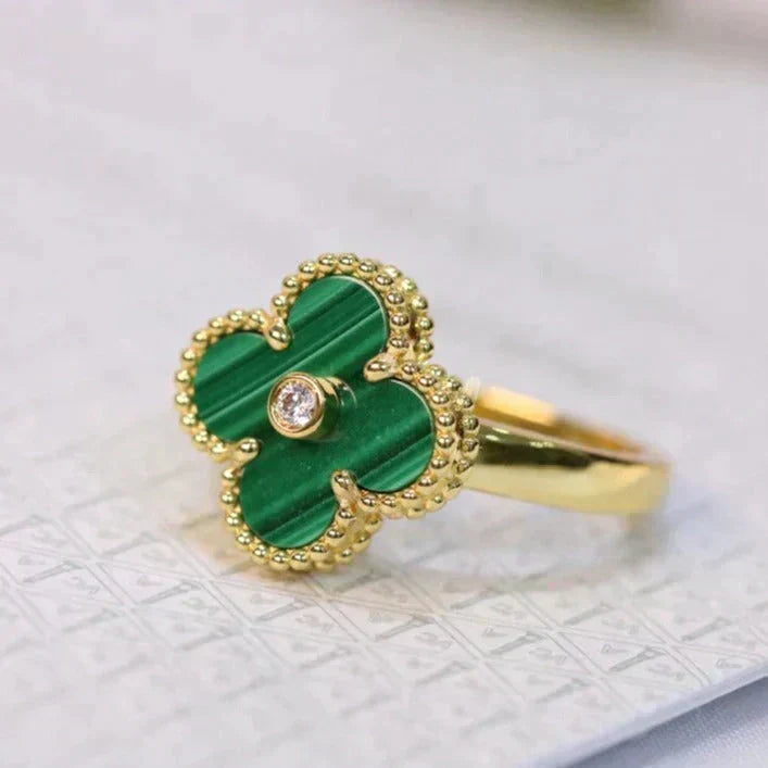 [⭐Sparkve]CLOVER MALACHITE RING GOLD DIAMOND
