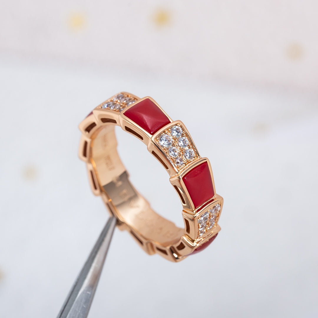 [⭐Sparkve]SERPENTI RING PINK GOLD CARNELIAN DIAMOND PAVED 4MM