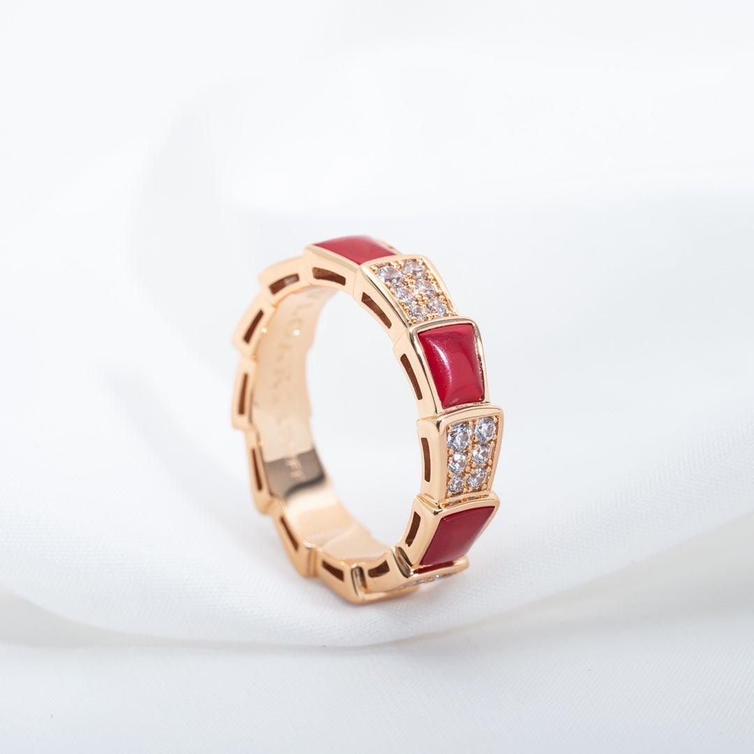 [⭐Sparkve]SERPENTI RING PINK GOLD CARNELIAN DIAMOND PAVED 4MM