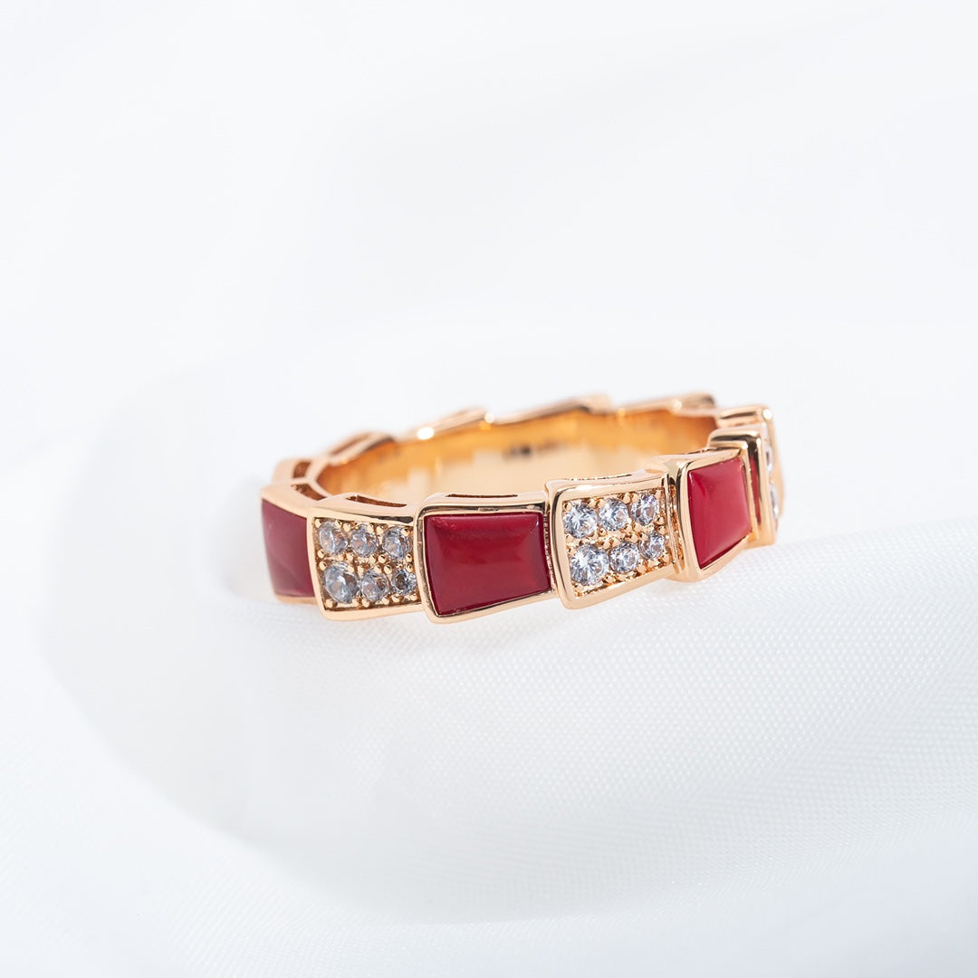 [⭐Sparkve]SERPENTI RING PINK GOLD CARNELIAN DIAMOND PAVED 4MM