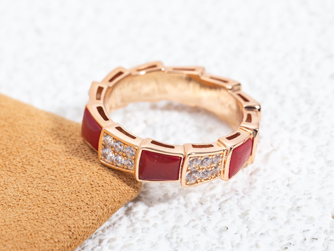[⭐Sparkve]SERPENTI RING PINK GOLD CARNELIAN DIAMOND PAVED 4MM