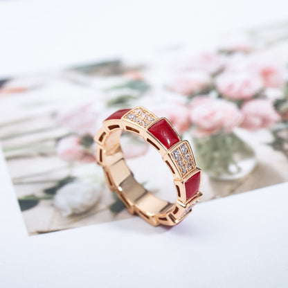 [⭐Sparkve]SERPENTI RING PINK GOLD CARNELIAN DIAMOND PAVED 4MM