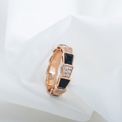 [⭐Sparkve]SERPENTI RING PINK GOLD BLACK MOP DIAMOND PAVED 4MM