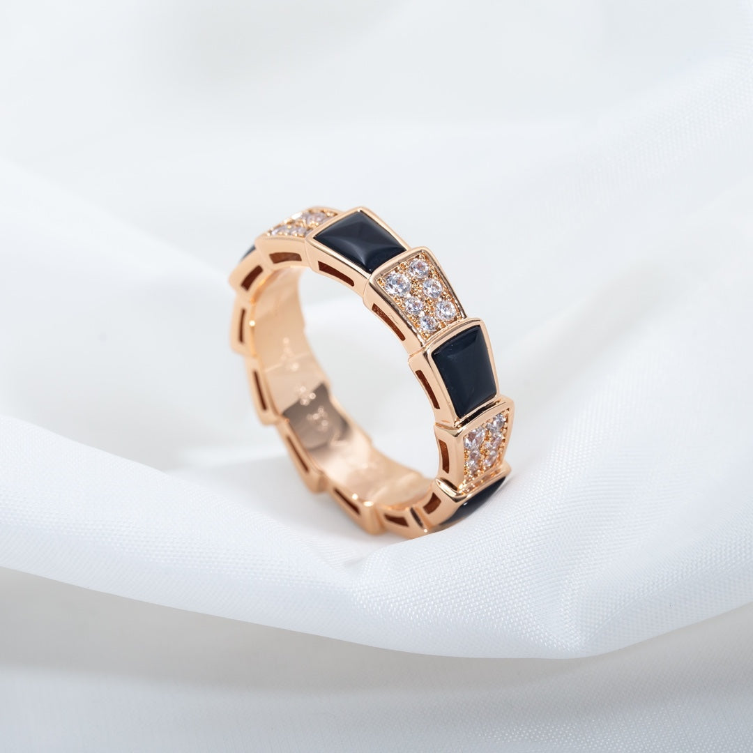 [⭐Sparkve]SERPENTI RING PINK GOLD BLACK MOP DIAMOND PAVED 4MM