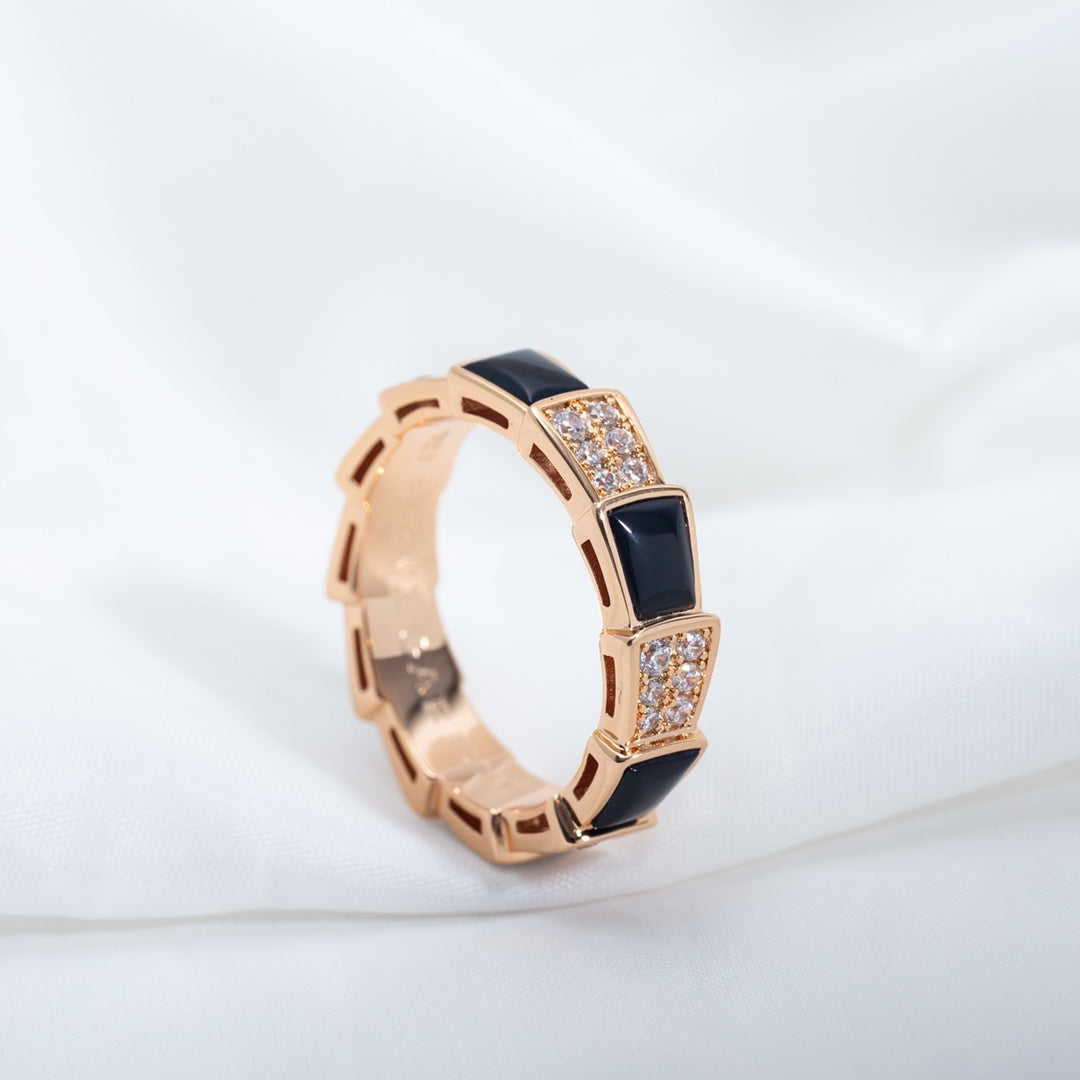 [⭐Sparkve]SERPENTI RING PINK GOLD BLACK MOP DIAMOND PAVED 4MM
