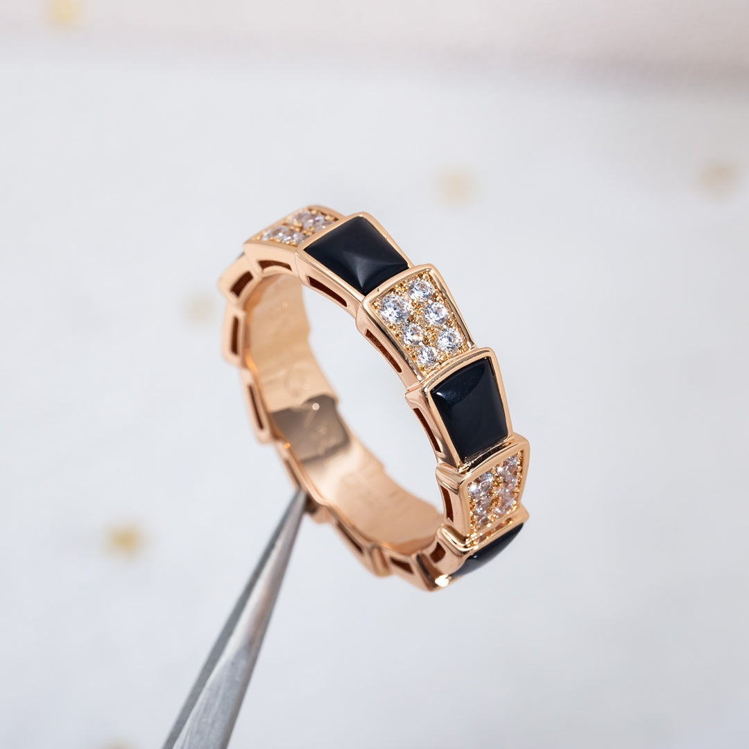 [⭐Sparkve]SERPENTI RING PINK GOLD BLACK MOP DIAMOND PAVED 4MM
