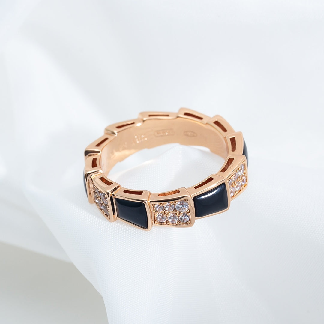 [⭐Sparkve]SERPENTI RING PINK GOLD BLACK MOP DIAMOND PAVED 4MM