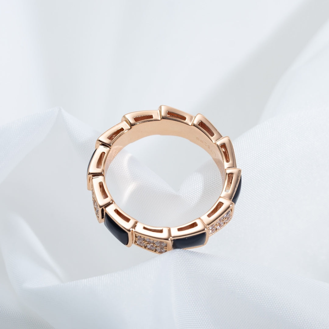 [⭐Sparkve]SERPENTI RING PINK GOLD BLACK MOP DIAMOND PAVED 4MM