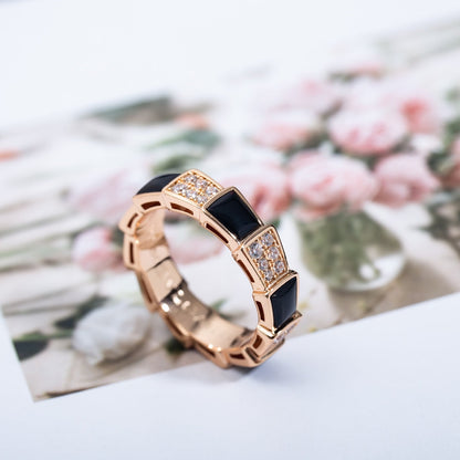 [⭐Sparkve]SERPENTI RING PINK GOLD BLACK MOP DIAMOND PAVED 4MM