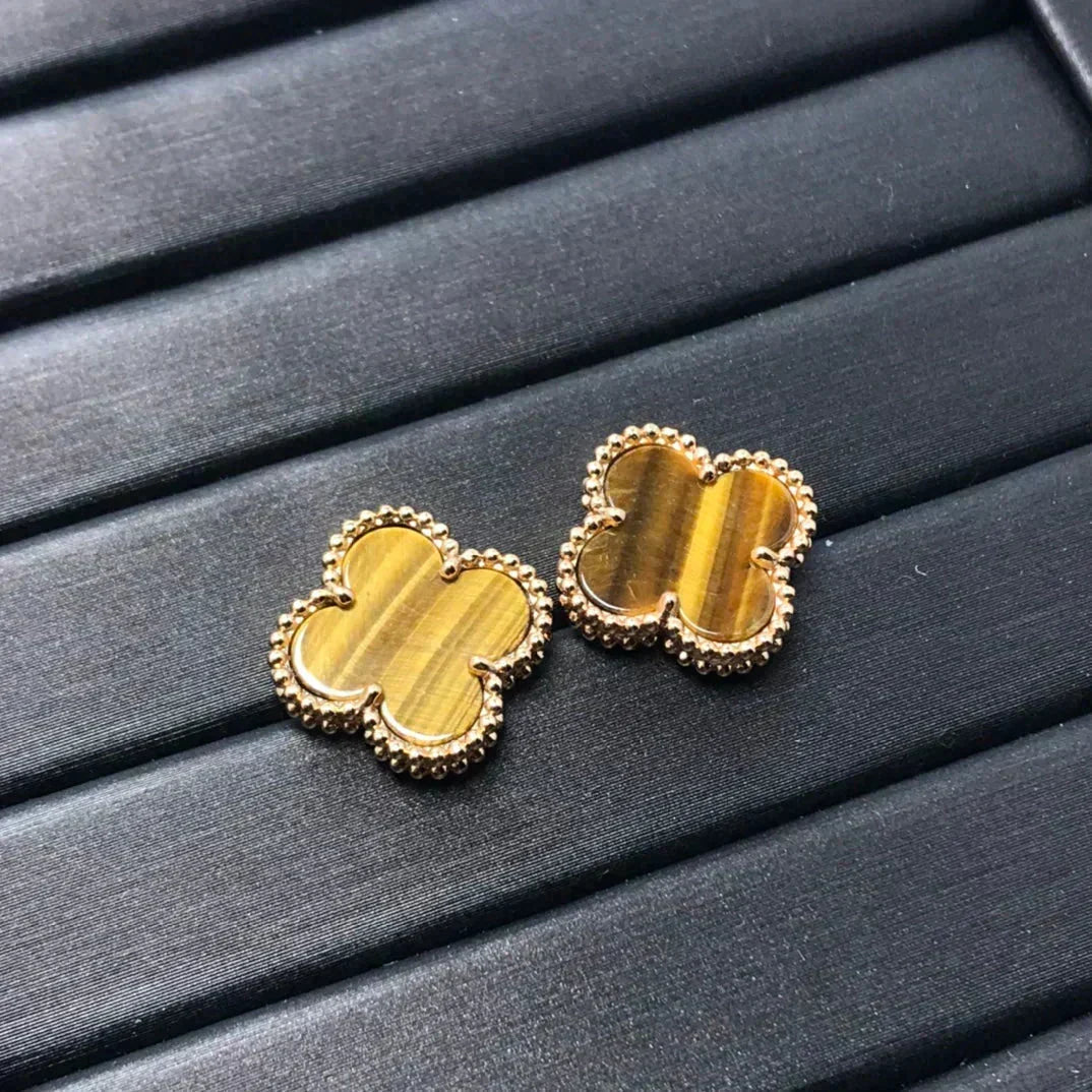 [⭐Sparkve]CLOVER MEDIUM 1 MOTIFS TIGER EYE EARRINGS