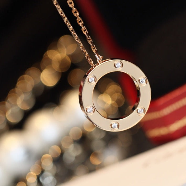 [⭐Sparkve]LOVE NECKLACE 16MM 6 DIAMONDS PINK GOLD
