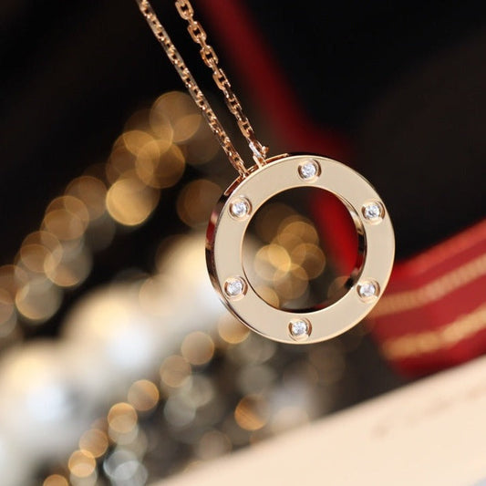 [⭐Sparkve]LOVE NECKLACE 16MM 6 DIAMONDS PINK GOLD