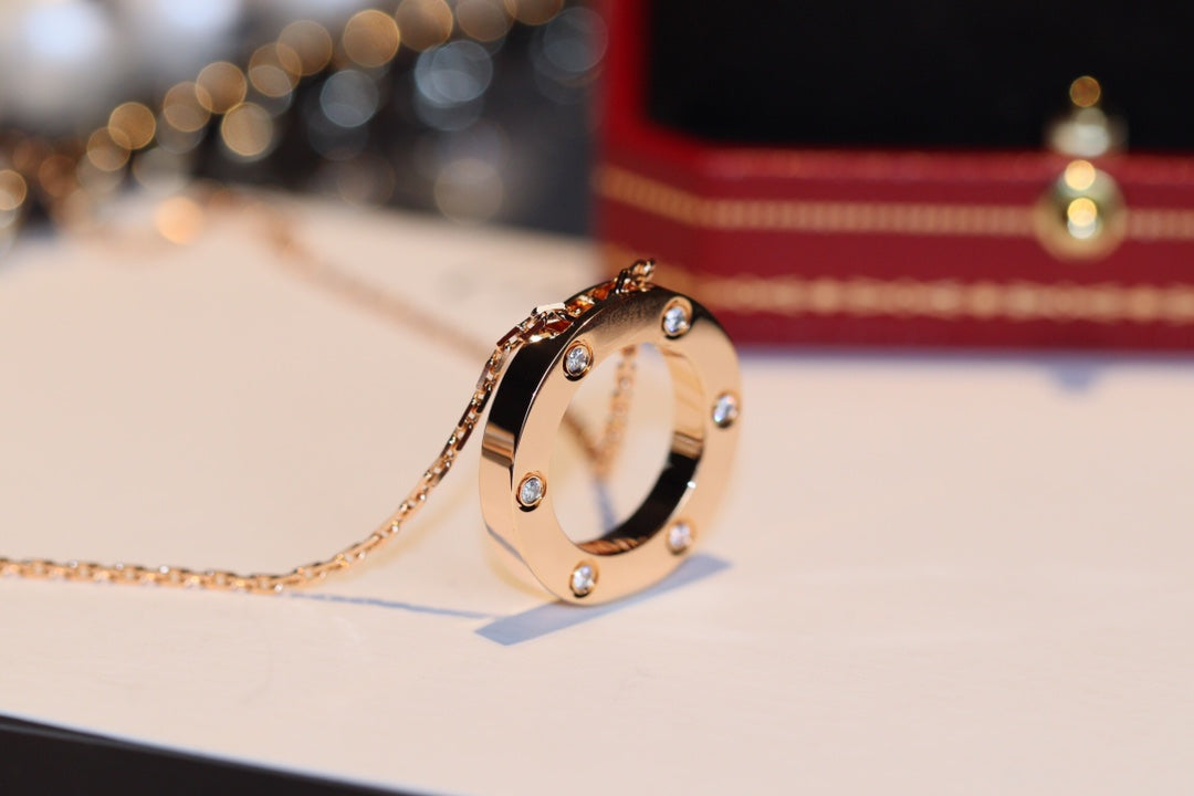 [⭐Sparkve]LOVE NECKLACE 16MM 6 DIAMONDS PINK GOLD