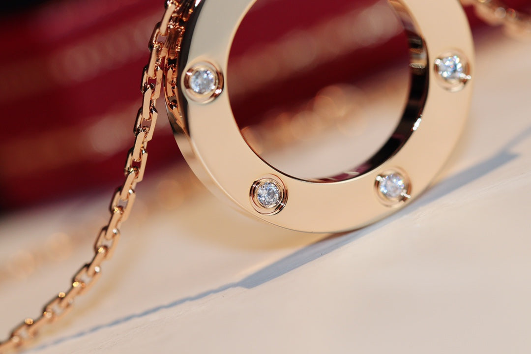 [⭐Sparkve]LOVE NECKLACE 16MM 6 DIAMONDS PINK GOLD
