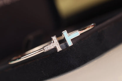 [⭐Sparkve Jewels]T BRACELET 1.8MM TURQUOISE DIAMOND SILVER