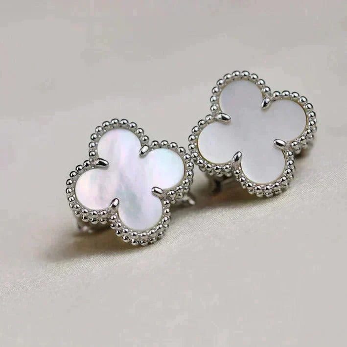 [⭐Sparkve]CLOVER MEDIUM 1 MOTIFS  WHITE MOP EARRINGS SILVER