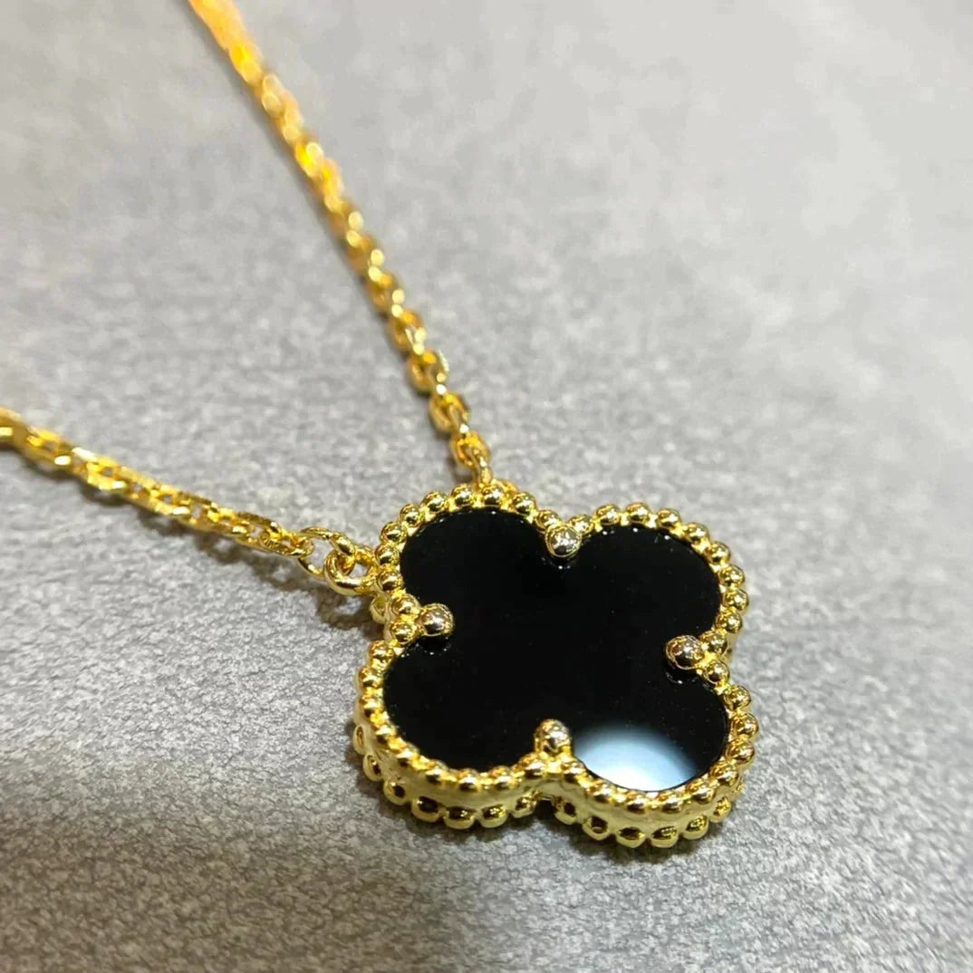 [⭐Sparkve]CLOVER 15MM BLACK ONYX SINGLE FLOWER NECKLACE