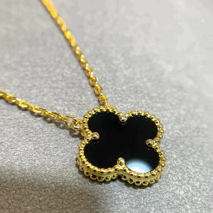 [⭐Sparkve]CLOVER 15MM BLACK ONYX SINGLE FLOWER NECKLACE