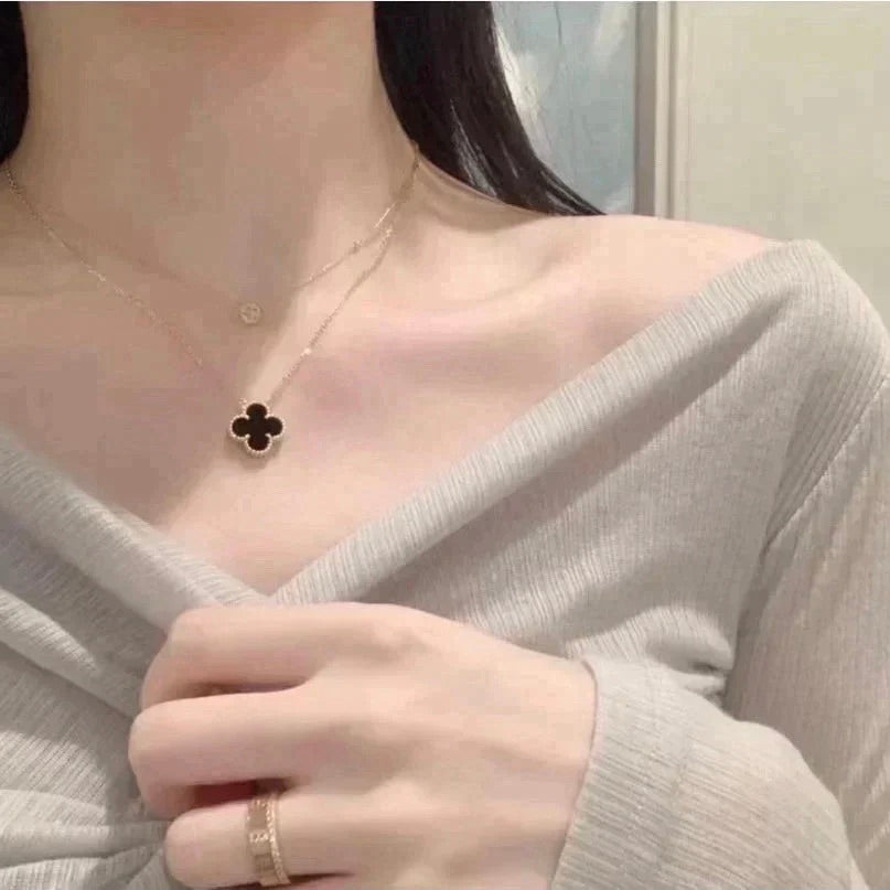 [⭐Sparkve]CLOVER 15MM BLACK ONYX SINGLE FLOWER NECKLACE