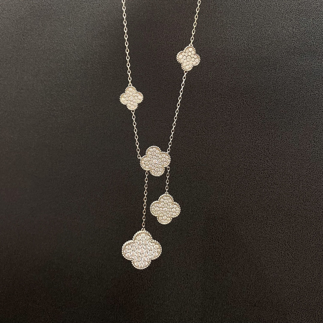 [⭐Sparkve]CLOVER 5 MOTIFS SILVER DIAMONDS NECKLACE