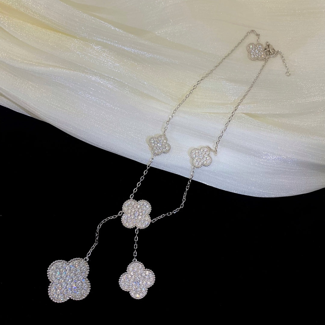[⭐Sparkve]CLOVER 5 MOTIFS SILVER DIAMONDS NECKLACE