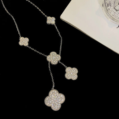 [⭐Sparkve]CLOVER 5 MOTIFS SILVER DIAMONDS NECKLACE