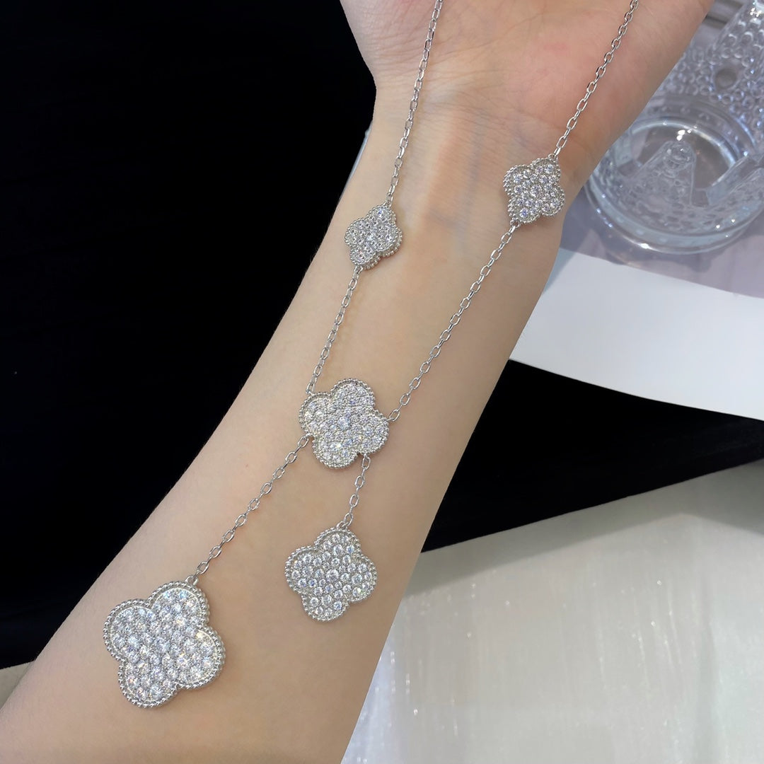 [⭐Sparkve]CLOVER 5 MOTIFS SILVER DIAMONDS NECKLACE